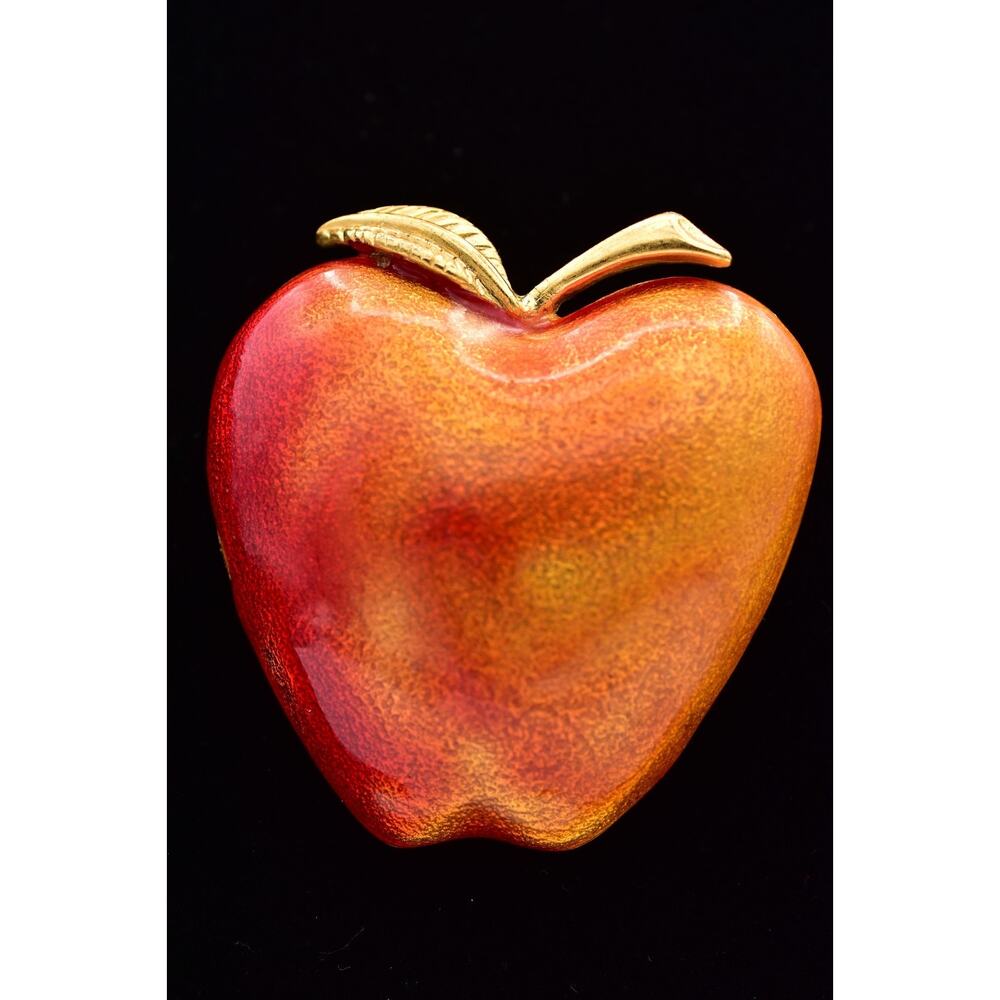 Vintage Red Apple Brooch Gold Tone Enamel Fruit Novelty Pin Fall Statement BinBP